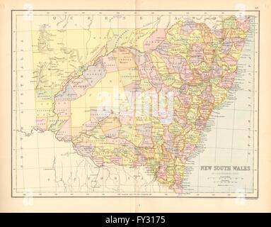 Nouvelle Galles du Sud. Carte de l'État. Les comtés et districts montre/chemins de fer. L'Australie 1876 Banque D'Images