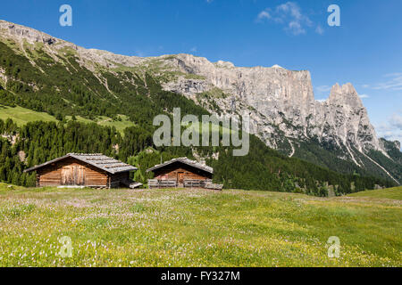 Le ressort de l'Alpe di Siusi dans le Parc Naturel Schlern-Rosengarten, refuges de montagne en face de Schlern avec l'Santner et Euringer Banque D'Images
