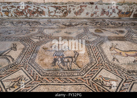 Sol en mosaïque paléochrétienne avec symbolisme animal, 4e siècle, exposé dans la basilique romane, l'intérieur, l'Aquileia Banque D'Images