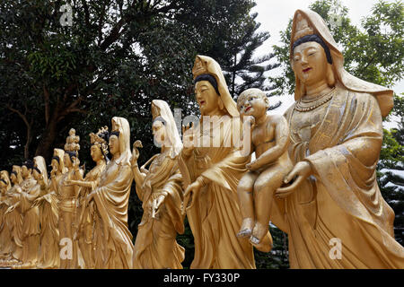 Statues de la déesse bouddhiste ou Gunayin Kwan Giu ou Kwun Yam, l'un tenant un enfant, femme Bodhisattvas Banque D'Images