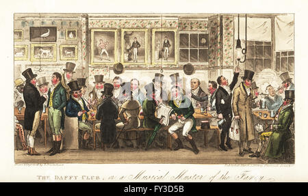 Regency messieurs au gin potable Daffy Club, tenu à Tom Belcher's Castle Tavern, Holborn. Peintures de boxeurs célèbres dont John Jackson, Daniel Mendoza, Tom Cribb et le chien de combat fidèle. Le Daffy Club, ou encore de trouver un de la fantaisie. Dessiné et gravé sur cuivre coloriée par Robert Cruikshank à partir de l'Espion Anglais, Londres, 1825. Écrit par Bernard Blackmantle, un pseudonyme de Charles Molloy Westmacott. Banque D'Images