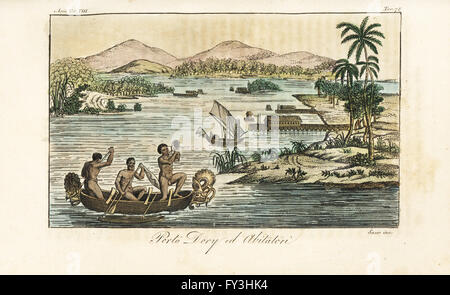 Autochtones dans une pirogue en soufflant sur une coquille de conque dans Dory harbour, la Papouasie-Nouvelle-Guinée. Taille-douce coloriée gravée par Sasso de Giulio Ferrario's costumes anciens et modernes de tous les peuples du monde, Florence, Italie, 1844. Banque D'Images