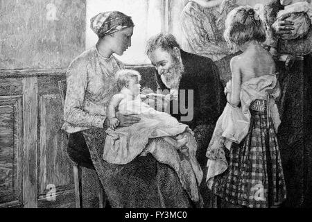 Médecin d'immuniser l'enfant. La gravure. 19e siècle. L'Europe. Banque D'Images