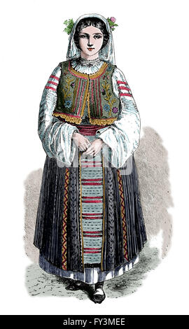 Le Roumain. Robe traditionnel des femmes. 1860. La gravure. 19e siècle. Plus tard la couleur. Banque D'Images