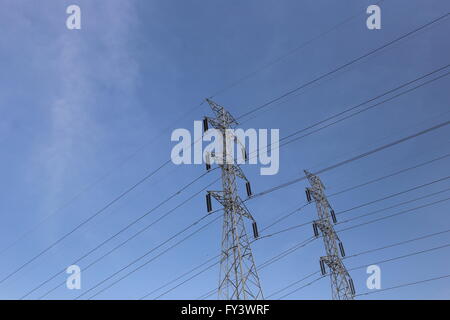 Poteaux haute tension sur ciel bleu, dans les régions rurales de la Thaïlande. Banque D'Images