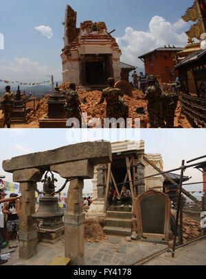 Katmandou, Népal. 20 avr, 2016. Combinés photo prise le 2 mai 2015 (en haut) montre l'armée de la collecte de la temple endommagé les infrastructures touchées par le tremblement de terre près de Swayambhunath Stupa et la sainte reconstruit bell (bas) placé en face de l'endommagé près de temple Swayambhunath Stupa à Katmandou, Népal, 20 avril 2016. Processus de reconstruction est en cours dans la région de Swayambhunath Stupa tel qu'il a été gravement endommagé dans le tremblement de terre l'année dernière. © Sunil Sharma/Xinhua/Alamy Live News Banque D'Images