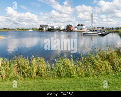 Maisons au bord de l'eau vert en banlieue résidentielle, Almere dans la province de Flevoland près d'Amsterdam Banque D'Images