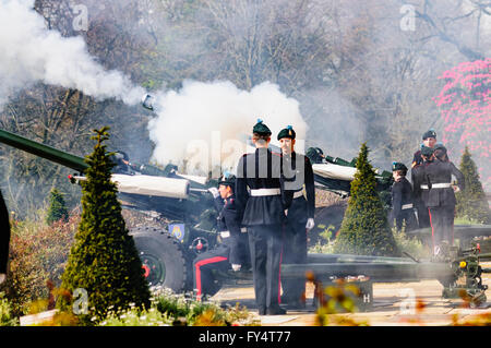 Les soldats de l'Ulster 'Gunners' dans l'uniforme de cérémonie fire un hommage sur un L118 Canon obusier (léger) Banque D'Images