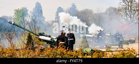 Les soldats de l'Ulster 'Gunners' dans l'uniforme de cérémonie fire un hommage sur un L118 Canon obusier (léger) Banque D'Images