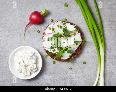 Sandwichs sains à l'aide d'un pain de grains, fromage à la crème et des verts, vue du dessus Banque D'Images