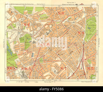 N DE LONDRES. Crouch End Highgate Holloway Gospel Oak de Finsbury Park. BACON, 1928 map Banque D'Images