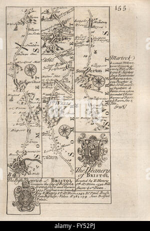 Bristol-Wells Glastonbury-Somerton-strip road map par J. OWEN & E. BOWEN 1753 Banque D'Images