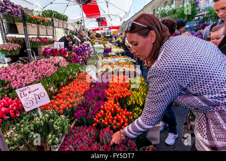 Une femme d'acheter des fleurs sur Columbia Road Flower Market, Tower Hamlets, London, England Banque D'Images