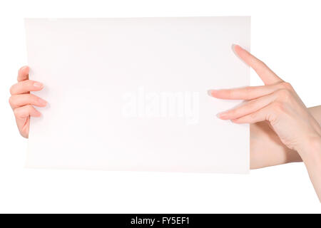 Belle femme hands holding blank white paper sheet isolated on white with clipping path Banque D'Images