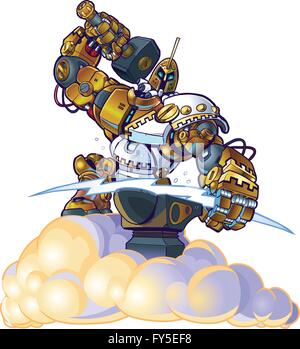 Vector cartoon clip art illustration d'un dieu grec robot-forgeron forger un boulon d'éclairage avec un marteau et enclume sur un nuage. Illustration de Vecteur