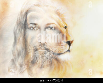 Peinture de Jésus avec un lion sur fond coloré, magnifique, un contact visuel et lion portrait de profil. Banque D'Images