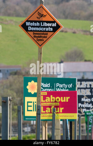 Pays de Galles Aberystwyth UK, samedi 23 avril 2016 politique routière bannières et affiches pour les candidats et partis à l'Assemblée Nationale de Galles élections (Plaid Cymru / Welsh Welsh / libéraux-démocrates conservateurs / population / Parti Vert) l'Assemblée nationale du Pays de Galles de 2016 l'élection aura lieu le jeudi 5 mai 2016, d'élire les membres de l'Assemblée nationale du Pays de Galles (AMS). Ce sera la cinquième élection de l'Assemblée nationale. Actuel du Ceredigion est SUIS ELIN JONES, représentant Plaid Cymru Crédit photo : Keith Morris / Alamy Live News Banque D'Images