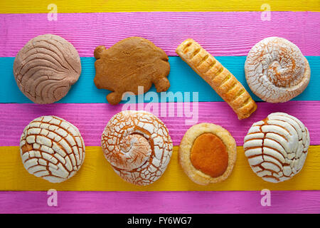 Pâtisseries mexicaines concha puerquito ojo buey dans un fond de bois colorés Banque D'Images
