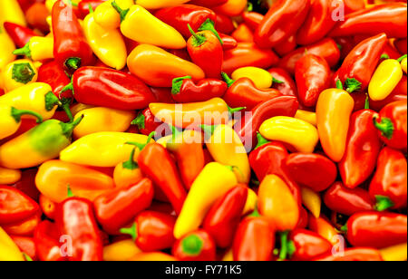 Boisseau plein de rouge, jaune et orange peppers avec profondeur de champ Banque D'Images