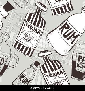 Hand drawn seamless background avec tequila, rhum et des bouteilles de vin, parfait pour le papier peint, eps8, pas de transparents, idéal pour les pri Illustration de Vecteur