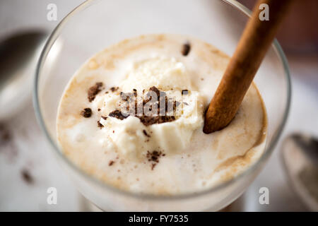 Boisson d'été rafraîchissante Affogato cannelle : trois coups d'expresso, glace vanille, cannelle et copeaux de chocolat Banque D'Images