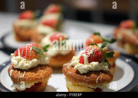 Des gâteaux à la crème et aux fraises dans le cadre d'un projet étudiant la cuisson. Banque D'Images