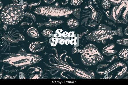 Les fruits de mer. hand drawn vector sketch Underwater World. Illustration de Vecteur