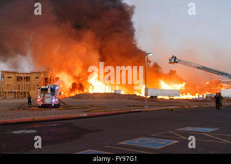 Gilbert, Arizona, USA. Avril 23, 2016. Site de construction Fire burns que les pompiers, bataille de l'incendie. Crédit : Jennifer Mack/Alamy Live News Banque D'Images