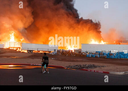 Gilbert, Arizona, USA. Avril 23, 2016. Site de construction Fire burns que les pompiers, bataille de l'incendie. Crédit : Jennifer Mack/Alamy Live News Banque D'Images