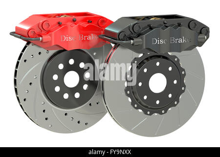 Les disques de frein de stationnement de voiture et l'étrier. Le rendu 3D isolé sur fond blanc Banque D'Images