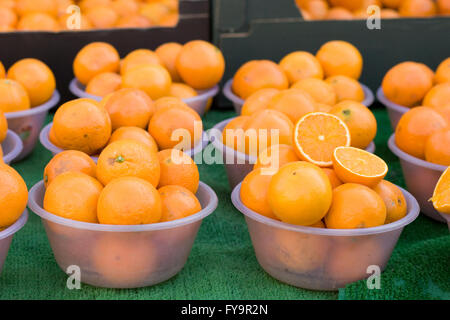 Oranges dans bols en plastique sur un étal du marché Banque D'Images