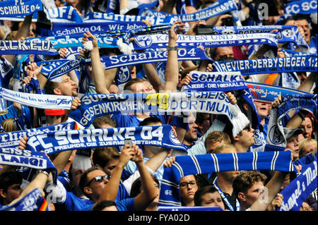 Schalke ventilateurs sur le stand du holding up foulards, FC Schalke 04 - Borussia Dortmund, Veltins Arena, Gelsenkirchen Banque D'Images