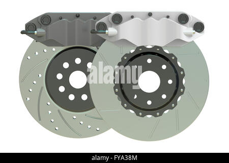 Les disques de frein de stationnement de voiture et l'étrier. Le rendu 3D isolé sur fond blanc Banque D'Images