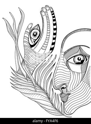 Abstract face surréaliste et part avec tatouage mehndi. Dessin à la main modèle de scénario. Illustration de Vecteur