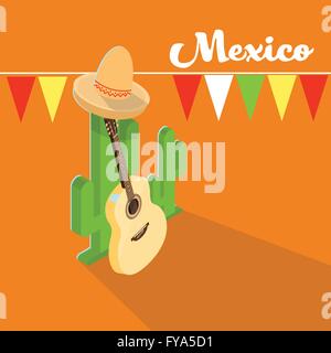 Chapeau traditionnel mexicain guitare Sombrero Mexique Cactus Illustration de Vecteur