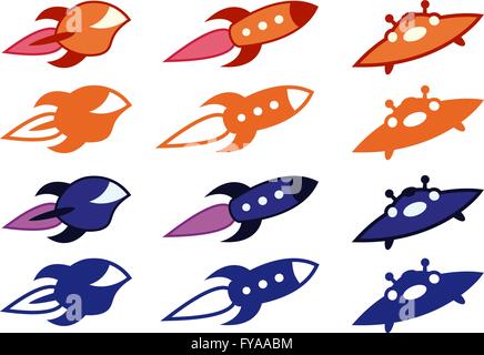 Cartoon vector vaisseaux spatiaux, fusées et les ovnis icon set design. Ressources graphiques pour améliorer votre illustration avec icônes de haute qualité Illustration de Vecteur