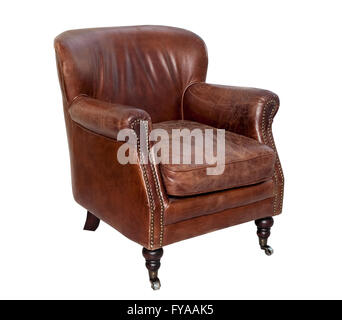 Fauteuil en cuir marron Vintage isolated Banque D'Images