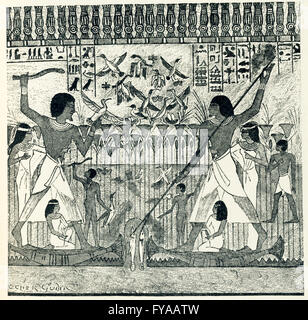 Dans l'Égypte ancienne ; fusils était souvent fait avec un type de boomerang comme vu ici. fFishing a été fait avec un harpon (et il pourrait être un harpon double comme on le voit ici) faites de pierre ou de métal ; une ligne ; un net ; ou ; pièges. Où les étangs voisins ont échoué à l'Nil fournissaient l'approvisionnement inépuisable. L'article à la lumière des canoës ou soutenu par une planche sur des paquets de roseaux liés ensemble ; ils se sont aventurés dans la mi-parcours ; en dépit du danger découlant de l'hippopotame, ou ils ont pénétré jusqu'au milieu des canaux un fouillis de plantes aquatiques, d'amener vers le bas avec la boomerang le b Banque D'Images