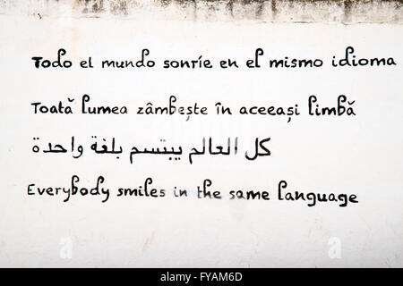 Tout le monde sourit dans la même langue. Texte écrit sur les murs blanchis à la chaux, Colmenar del Arroyo, province de Madrid, Espagne. Banque D'Images