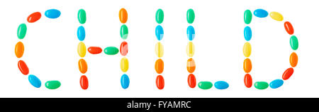 Enfant de bonbons multicolores lettrage isolé sur fond blanc Banque D'Images