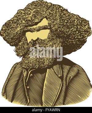 Homme barbu avec les cheveux longs en vintage style gravure Illustration de Vecteur