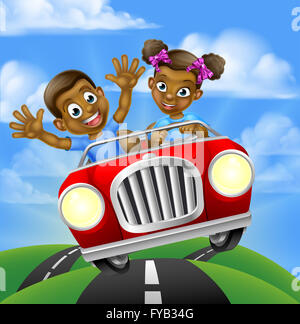 Cartoon black boy and girl having fun conduite rapide dans une voiture sur un road trip Banque D'Images