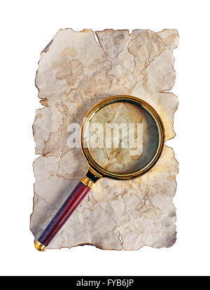 Loupe et vieux papier ou parchemin isolated on white Banque D'Images