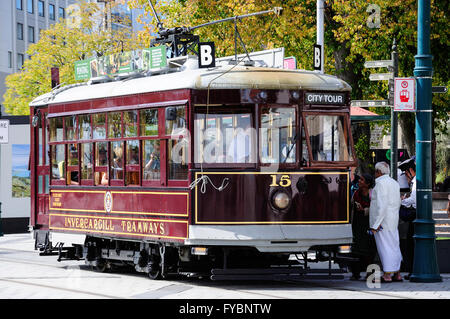 Patrimoine de Christchurch tram, Place de la Cathédrale, Christchurch, Canterbury, île du Sud, Nouvelle-Zélande Banque D'Images