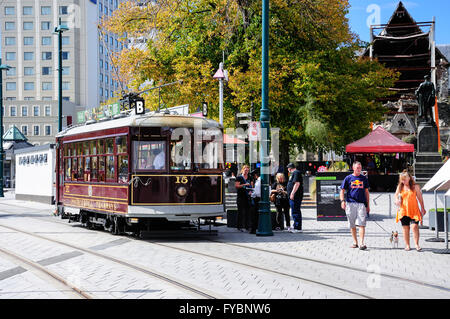 Patrimoine de Christchurch tram, Place de la Cathédrale, Christchurch, Canterbury, île du Sud, Nouvelle-Zélande Banque D'Images