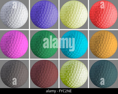 Quelques balles de golf de couleur dans une grille Banque D'Images