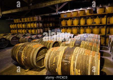 Vieillissement Hennessy entrepôt où les eaux-de-vie est stocké dans des fûts de chêne à mûrir avant mélange, Cognac, Bas-Rhin Banque D'Images