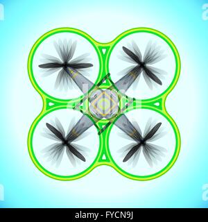 Design plat coloré vecteur drone quadcopter vol avec dispositif de protection vert transparent illustration isolé sur fond bleu Illustration de Vecteur