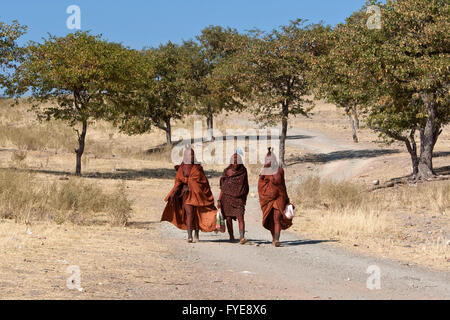 Les himbas sont un peuple nomade de la Namibie. Ils se parer avec cuir et anneaux en laiton et enduire la peau avec une pâte faite de beurre et de bois rouge, la Namibie. Banque D'Images