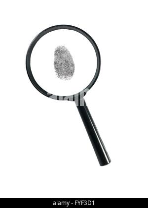 Une loupe et l'impression de doigt isolé sur fond blanc Banque D'Images